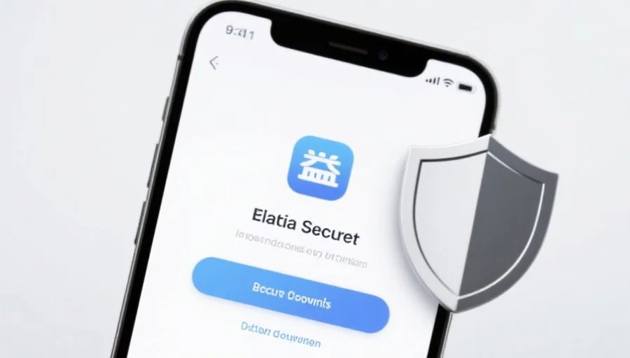 一部现代智能手机屏幕上显示恒行5应用的安全下载界面,旁边有安全盾牌图标,背景简洁