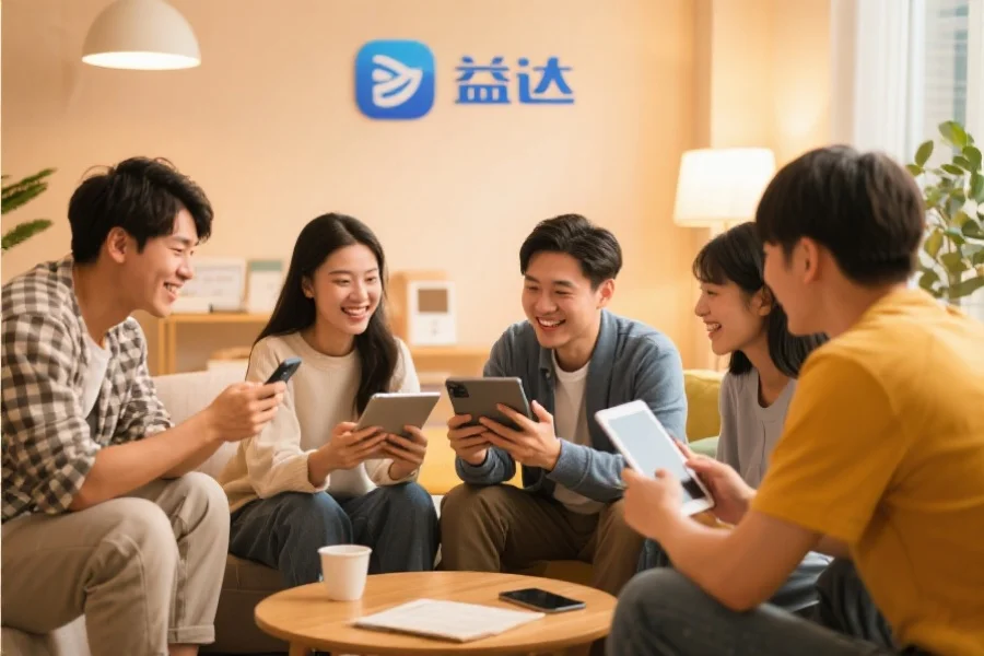 一群年轻用户围坐在一起，使用平板和手机愉快地交流，背景温馨现代，象征恒行5应用的社区活跃氛围